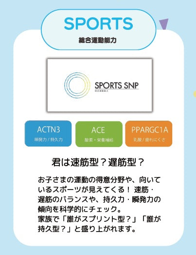 SPORTS遺伝子検査【総合運動能力】体質を知ってスポーツをもっと楽しく!トレーニングや健康管理の実践など運動能力の向上に